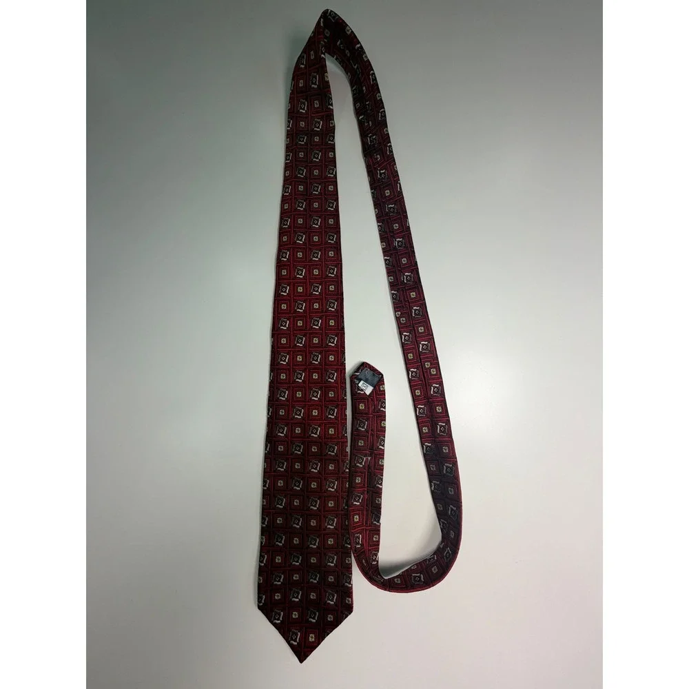 XMI Platinum Silk Tie Mens Red Geometric Square Pattern Italian Fabric USA Made